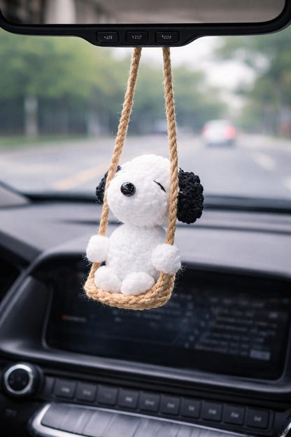 Crochet Pilot Beagle Car Charm, Rearview Mirror Hanging, Amigurumi Puppy Car Decor, Cute Plush Keychain, Gift for Her