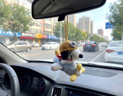 Crochet Pilot Beagle Car Charm, Rearview Mirror Hanging, Amigurumi Puppy Car Decor, Cute Plush Keychain, Gift for Her