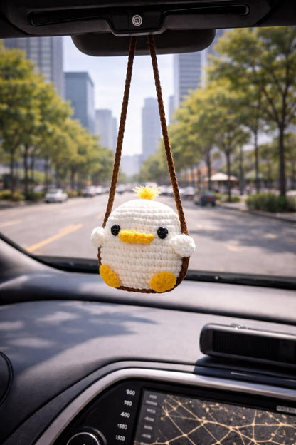 Handmade Duck Wearing Frog Costume Crochet Car Hanging, Swinging Duck Car Mirror Charm, Cute Duckling Ornament, New Car Decor Gift