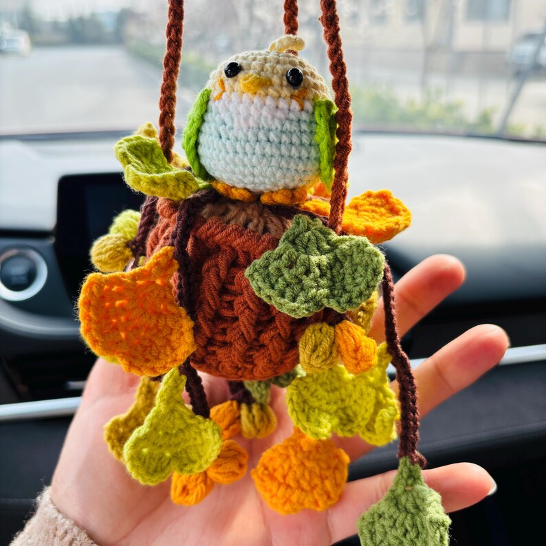 Crochet Parrot Car Hanging Ornament with Ginkgo Leaf, Handmade Rearview Mirror Charm, Plant Hanging Decor Gift