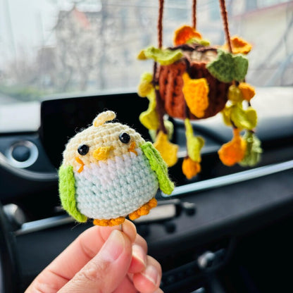 Crochet Parrot Car Hanging Ornament with Ginkgo Leaf, Handmade Rearview Mirror Charm, Plant Hanging Decor Gift