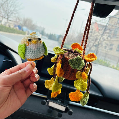 Crochet Parrot Car Hanging Ornament with Ginkgo Leaf, Handmade Rearview Mirror Charm, Plant Hanging Decor Gift