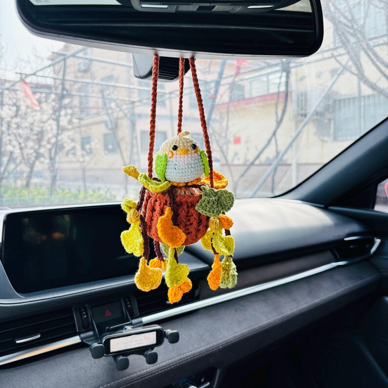 Crochet Parrot Car Hanging Ornament with Ginkgo Leaf, Handmade Rearview Mirror Charm, Plant Hanging Decor Gift