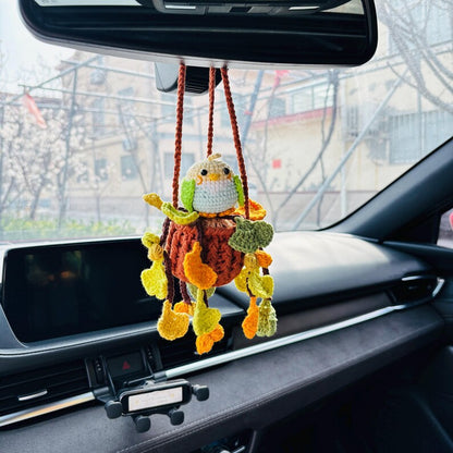 Crochet Parrot Car Hanging Ornament with Ginkgo Leaf, Handmade Rearview Mirror Charm, Plant Hanging Decor Gift