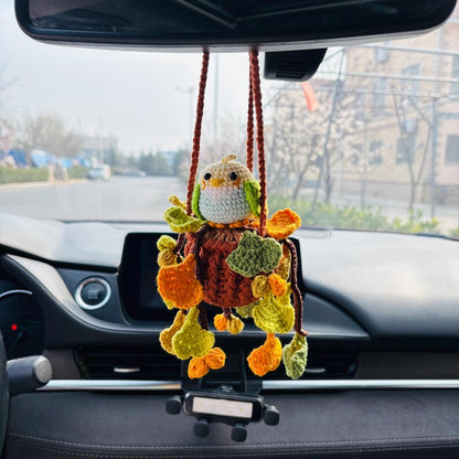 Crochet Parrot Car Hanging Ornament with Ginkgo Leaf, Handmade Rearview Mirror Charm, Plant Hanging Decor Gift