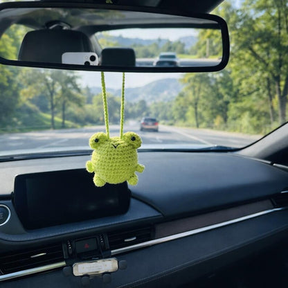 Crochet Frog Car Hanging Ornament with Daisy Flowers, Handmade Rearview Mirror Charm, Cute Car Decor Gift