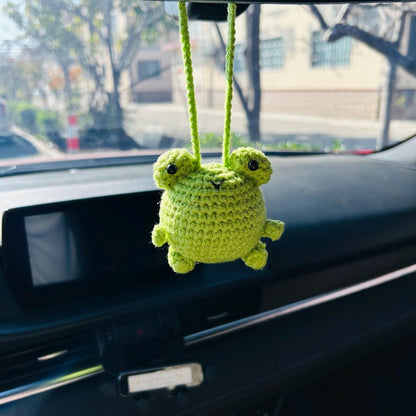 Crochet Frog Car Hanging Ornament with Daisy Flowers, Handmade Rearview Mirror Charm, Cute Car Decor Gift