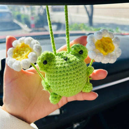 Crochet Frog Car Hanging Ornament with Daisy Flowers, Handmade Rearview Mirror Charm, Cute Car Decor Gift