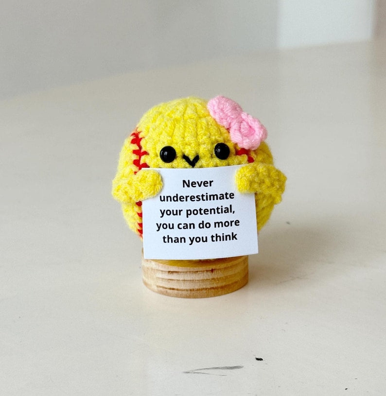 Positive Crochet Softball, Knitted Softball Toy With Positive Card, Ball Wool Inspirational, Cheer Up Gift For Softball Team Player Coach