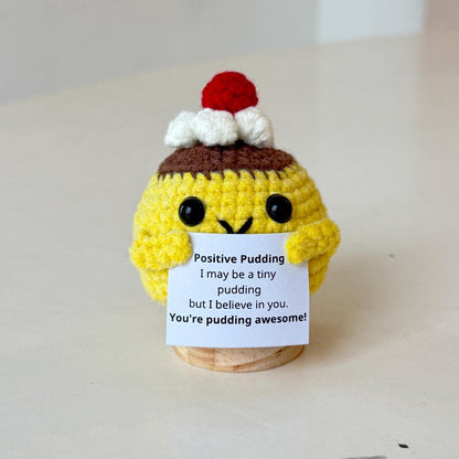 Funny Positive Crochet Pudding, Knitted Pudding With Positive Card, Cute Wool Inspirational Pudding Crochet Food Doll Cheer Up Gifts
