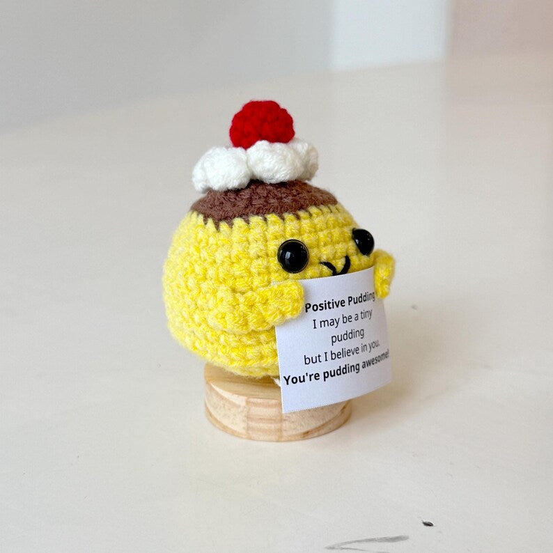 Funny Positive Crochet Pudding, Knitted Pudding With Positive Card, Cute Wool Inspirational Pudding Crochet Food Doll Cheer Up Gifts