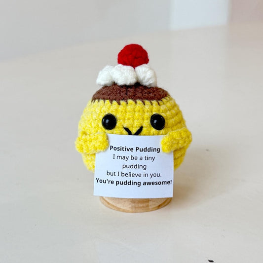 Funny Positive Crochet Pudding, Knitted Pudding With Positive Card, Cute Wool Inspirational Pudding Crochet Food Doll Cheer Up Gifts
