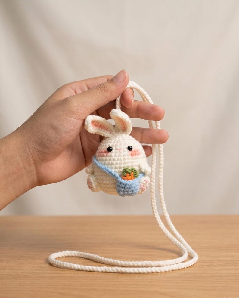 Crochet Bunny Car Hanging – Cute Rabbit Amigurumi with Carrot, Handmade Plush Ornament, Mirror Charm Car Decor, Gift for Her