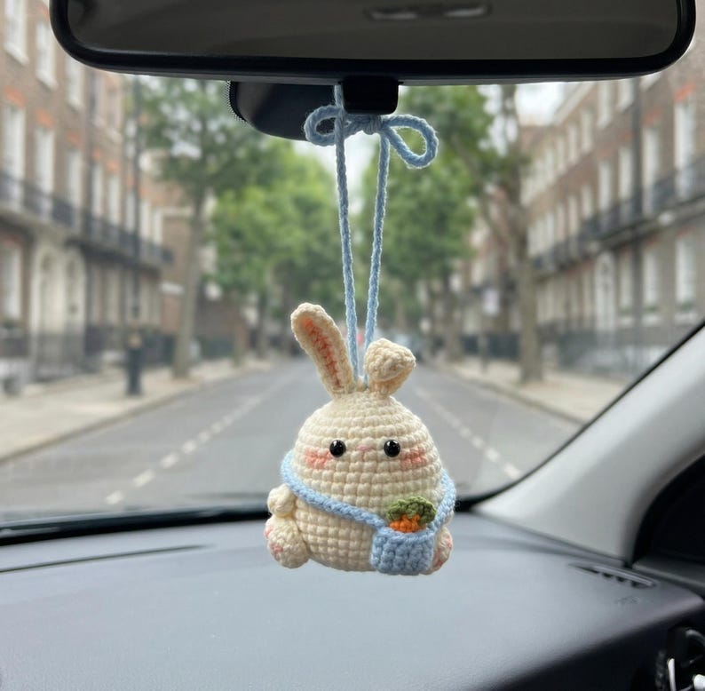 Crochet Bunny Car Hanging – Cute Rabbit Amigurumi with Carrot, Handmade Plush Ornament, Mirror Charm Car Decor, Gift for Her