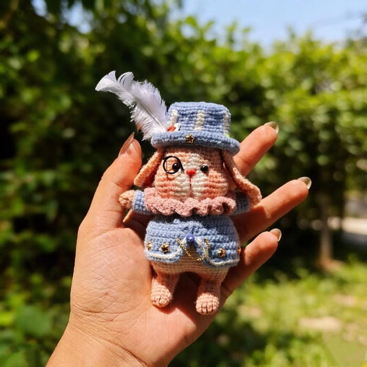 Artisan knit hare sculpted pieces, tabletop adornments, keychain hanging trinkets, imaginative juvenile souvenirs, Yuletide table accents