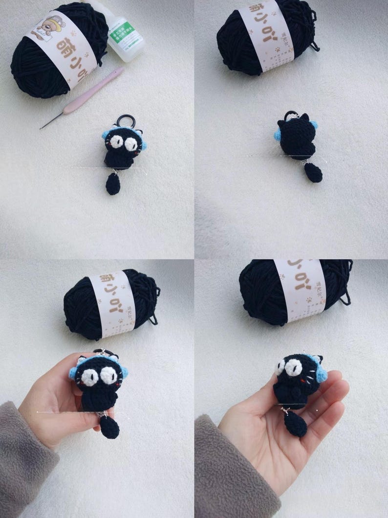 Cute Crochet Black Cat Keychain, Amigurumi Cat Charm, Kawaii Black Kitty Plush Keyring, Handmade Animal Gift, Bag Charm Accessory