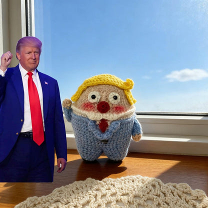 Artisan micro‑crochet Trump statuettes, hanging adornments, purse dangling trinkets, collector display sculptures, Yuletide household decor
