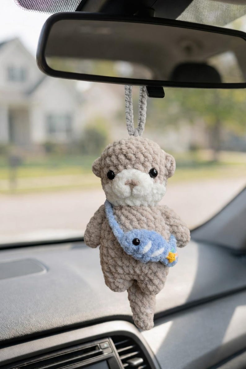 Cute Crochet Otter Car Hanging - Otter Amigurumi Mirror Charm, New Driver Gift, Handmade Car Mirror Ornament