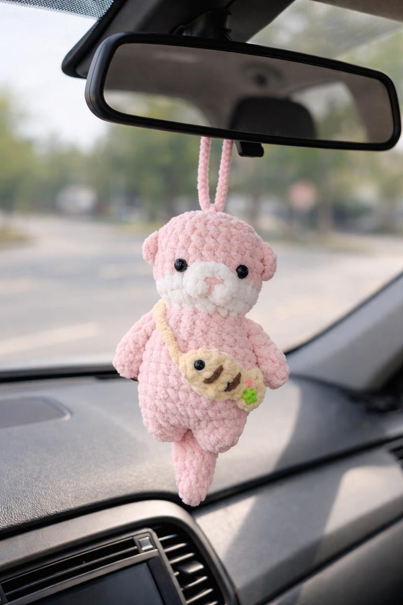 Cute Crochet Otter Car Hanging - Otter Amigurumi Mirror Charm, New Driver Gift, Handmade Car Mirror Ornament