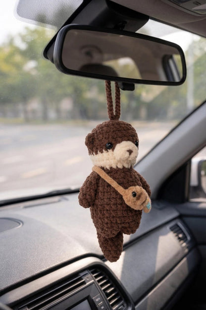 Cute Crochet Otter Car Hanging - Otter Amigurumi Mirror Charm, New Driver Gift, Handmade Car Mirror Ornament