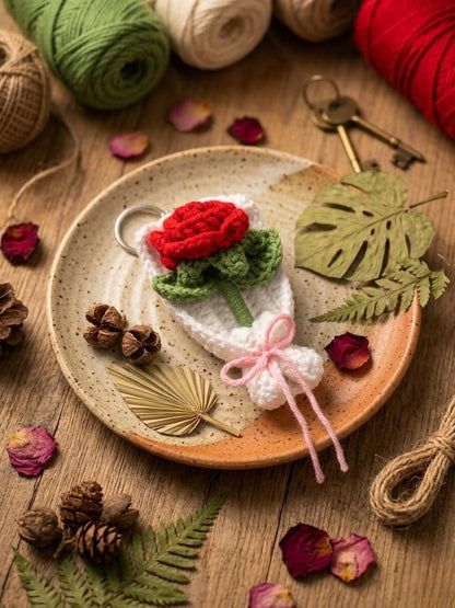 Handmade Crochet Rose Bouquet Keychain, Mini Knitted Red Rose Flower Gift for Her, Small Rose Charm, Mothers Day Gift, Cute Accessories