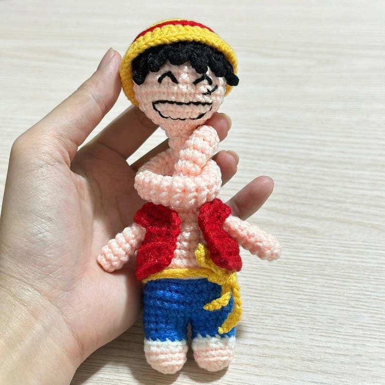 Straw Hat Boy Long Neck Crochet Keychain - Pirate Captain Amigurumi Doll, Anime Gift,