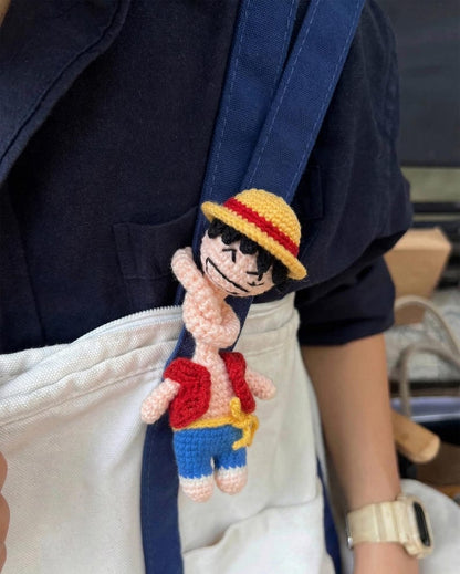 Straw Hat Boy Long Neck Crochet Keychain - Pirate Captain Amigurumi Doll, Anime Gift,