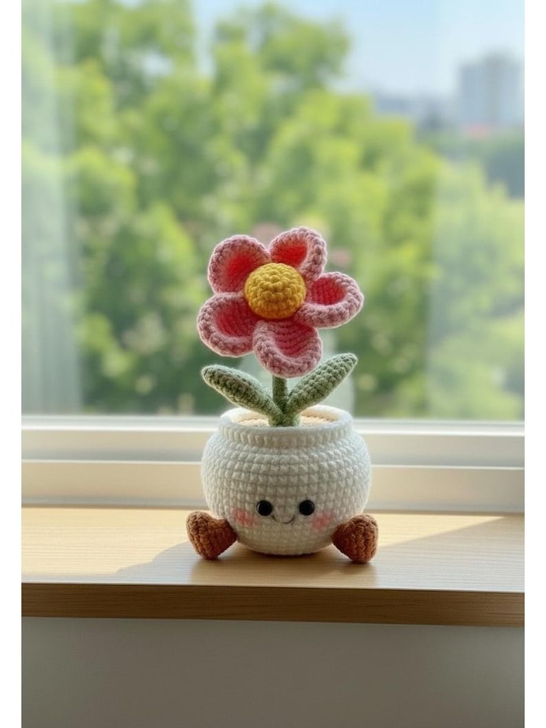 Crochet Flower Pot with Cute Face,Handmade Amigurumi Pink Flower, Desktop Decor,Gift for Her,Aesthetic Room Decor,Small Potted Plant Crochet