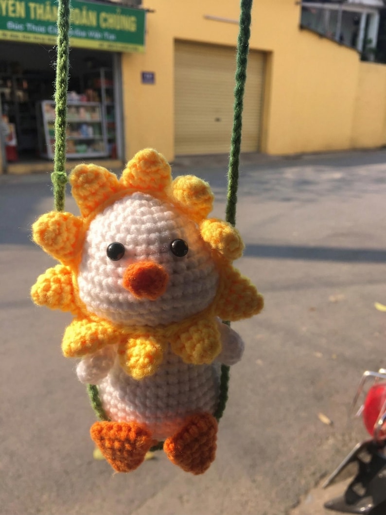 Sunflower Duck Crochet Car Hanging | Handmade Amigurumi Duck Rearview Mirror Charm, Cute Car Accessory, Car Interior Gift, Gift for Her