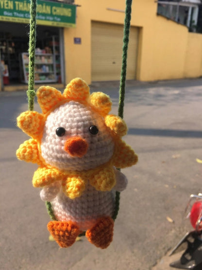 Sunflower Duck Crochet Car Hanging | Handmade Amigurumi Duck Rearview Mirror Charm, Cute Car Accessory, Car Interior Gift, Gift for Her