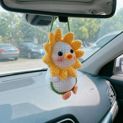 Sunflower Duck Crochet Car Hanging | Handmade Amigurumi Duck Rearview Mirror Charm, Cute Car Accessory, Car Interior Gift, Gift for Her