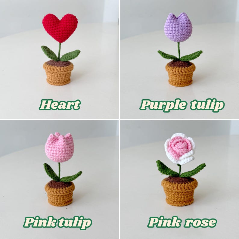 Mini Crochet Flower Pot, Handmade Crochet Plant, Cute Desk Decor, Daisy Rose Tulip Sunflower Cherry Blossom, Mother's Day Gift for Her