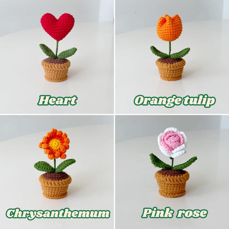 Mini Crochet Flower Pot, Handmade Crochet Plant, Cute Desk Decor, Daisy Rose Tulip Sunflower Cherry Blossom, Mother's Day Gift for Her