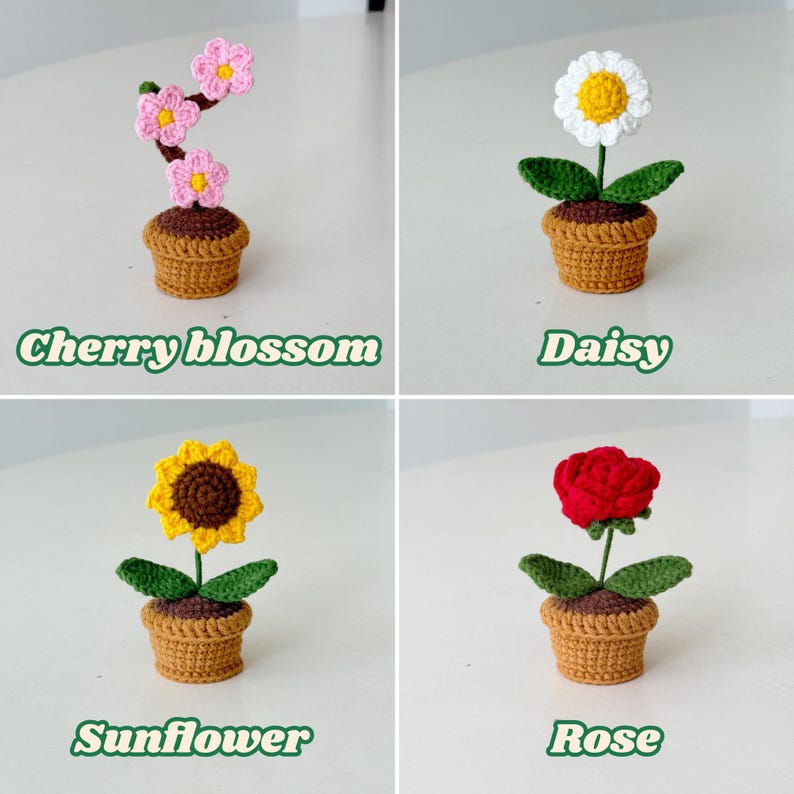 Mini Crochet Flower Pot, Handmade Crochet Plant, Cute Desk Decor, Daisy Rose Tulip Sunflower Cherry Blossom, Mother's Day Gift for Her
