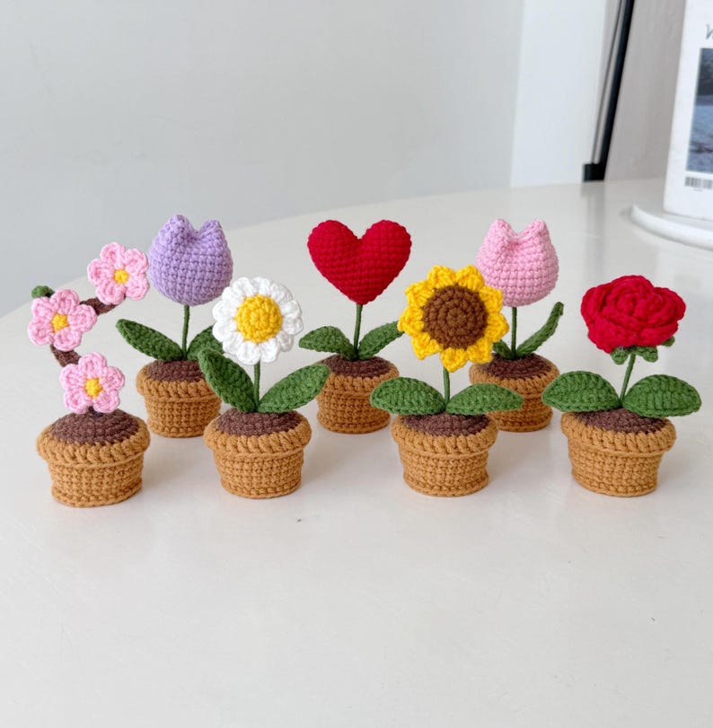 Mini Crochet Flower Pot, Handmade Crochet Plant, Cute Desk Decor, Daisy Rose Tulip Sunflower Cherry Blossom, Mother's Day Gift for Her