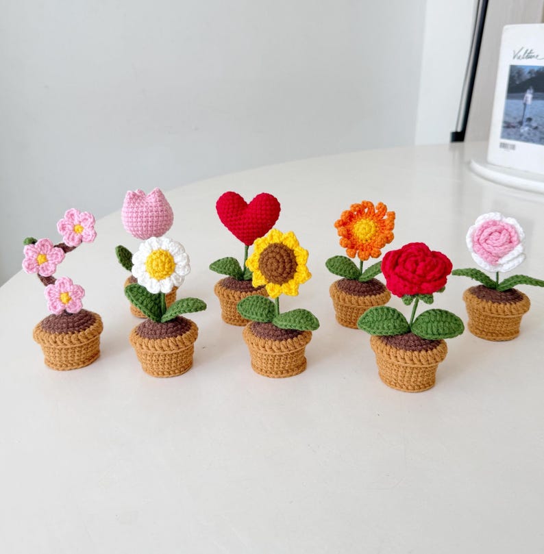 Mini Crochet Flower Pot, Handmade Crochet Plant, Cute Desk Decor, Daisy Rose Tulip Sunflower Cherry Blossom, Mother's Day Gift for Her