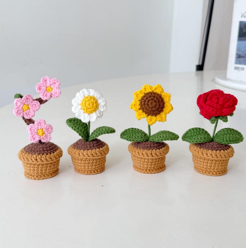 Mini Crochet Flower Pot, Handmade Crochet Plant, Cute Desk Decor, Daisy Rose Tulip Sunflower Cherry Blossom, Mother's Day Gift for Her