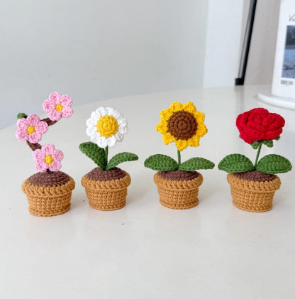Mini Crochet Flower Pot, Handmade Crochet Plant, Cute Desk Decor, Daisy Rose Tulip Sunflower Cherry Blossom, Mother's Day Gift for Her