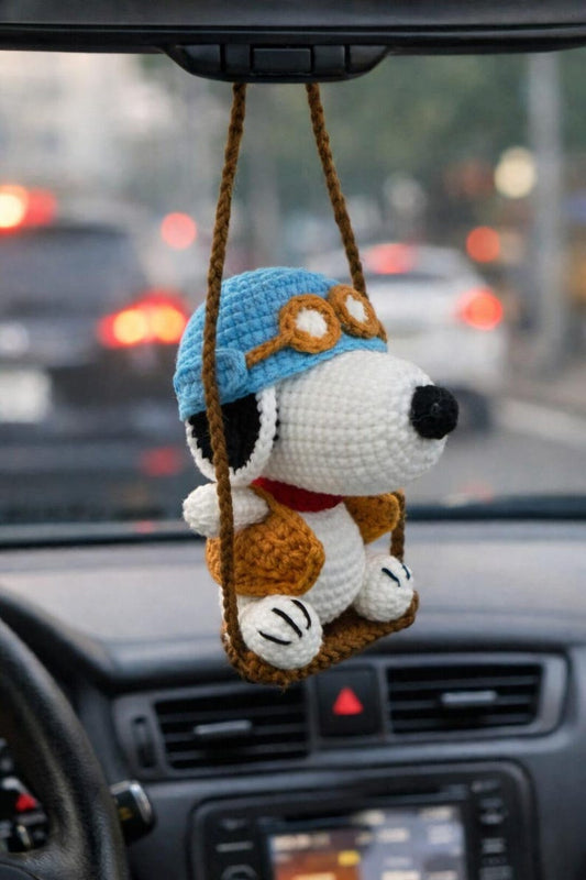 Crochet Pilot Beagle Car Charm, Rearview Mirror Hanging, Amigurumi Puppy Car Decor, Cute Plush Keychain, Gift for Her