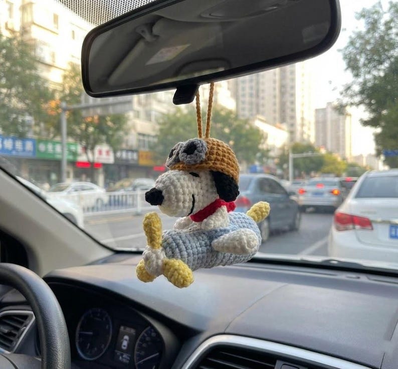 Crochet Pilot Beagle Car Charm, Rearview Mirror Hanging, Amigurumi Puppy Car Decor, Cute Plush Keychain, Gift for Her