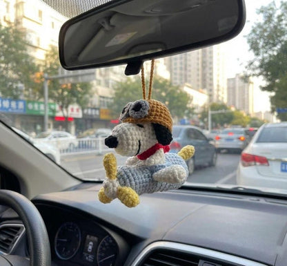 Crochet Pilot Beagle Car Charm, Rearview Mirror Hanging, Amigurumi Puppy Car Decor, Cute Plush Keychain, Gift for Her