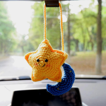 Star Moon Rear View Mirror Accessories, Crochet Car Mirror Charm, Car Mirror Hanging, Car Interior Accessories for Women/Teens/Men