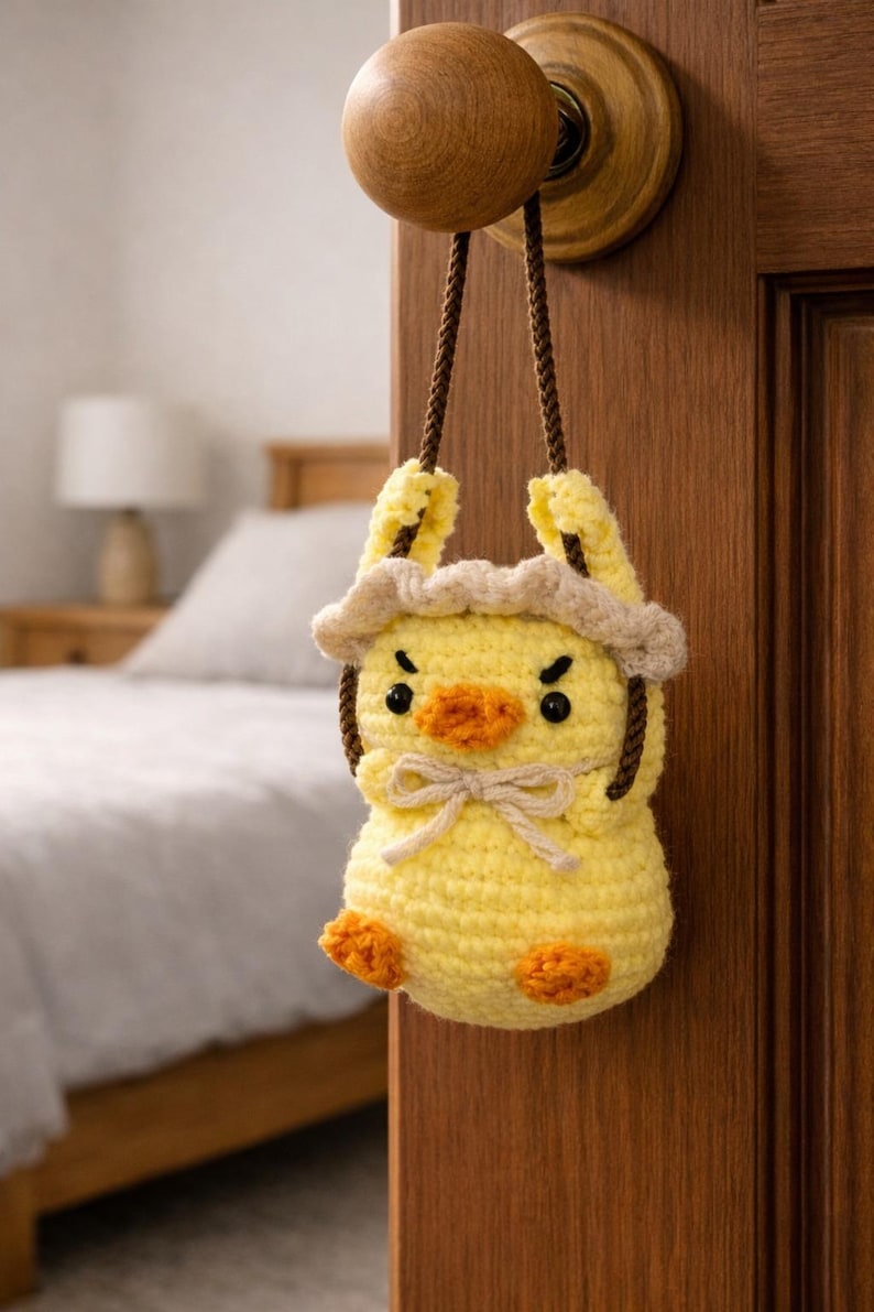 Handmade Duck Wearing Frog Costume Crochet Car Hanging, Swinging Duck Car Mirror Charm, Cute Duckling Ornament, New Car Decor Gift