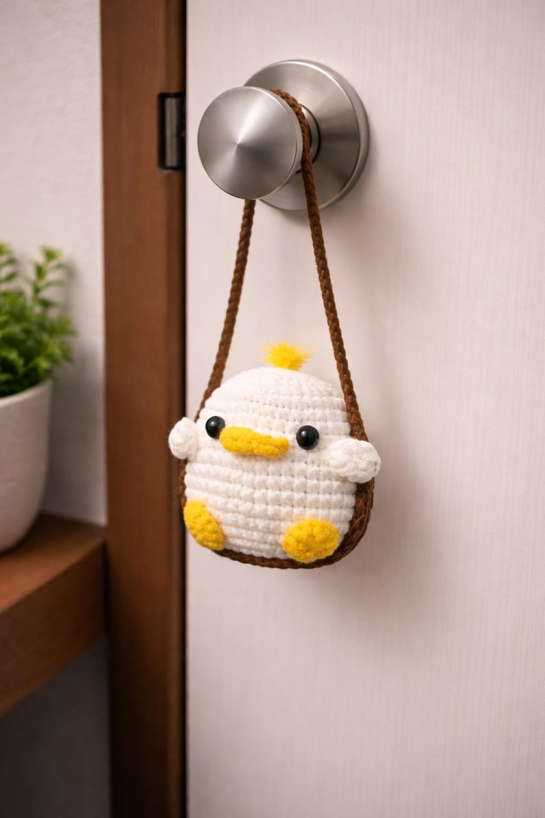 Handmade Duck Wearing Frog Costume Crochet Car Hanging, Swinging Duck Car Mirror Charm, Cute Duckling Ornament, New Car Decor Gift