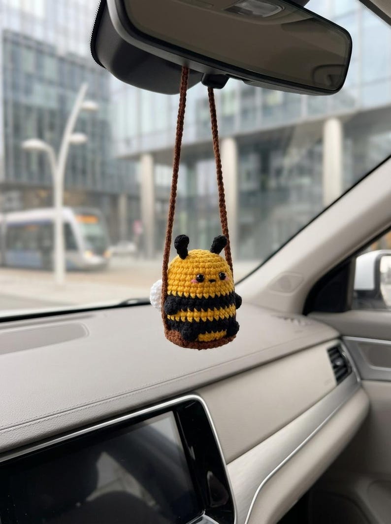 Cute Swinging Bee Car Mirror Hanging Accessories, Crochet Bee Ornaments, Car Decorations, Car Charm, New Car Gift Idea, Gift For Him Her
