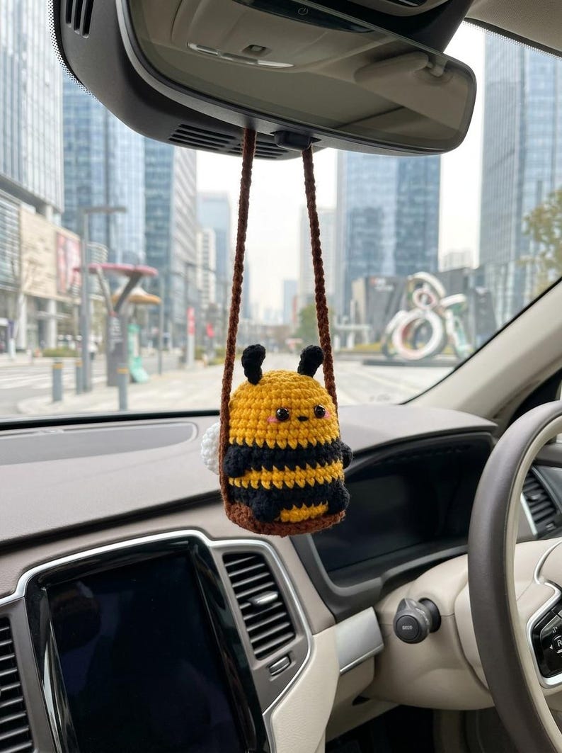 Cute Swinging Bee Car Mirror Hanging Accessories, Crochet Bee Ornaments, Car Decorations, Car Charm, New Car Gift Idea, Gift For Him Her
