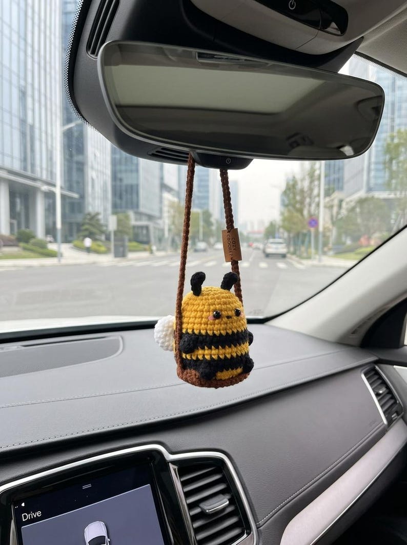 Cute Swinging Bee Car Mirror Hanging Accessories, Crochet Bee Ornaments, Car Decorations, Car Charm, New Car Gift Idea, Gift For Him Her