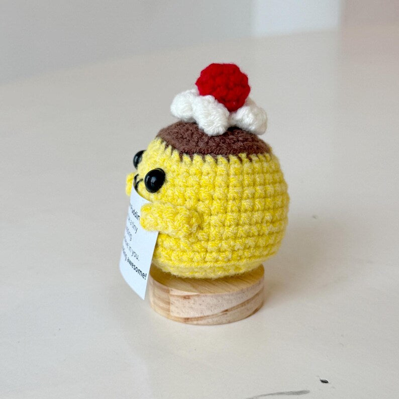 Funny Positive Crochet Pudding, Knitted Pudding With Positive Card, Cute Wool Inspirational Pudding Crochet Food Doll Cheer Up Gifts