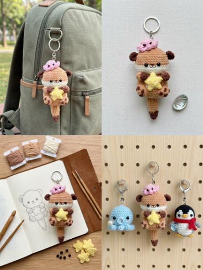 Crochet Otter Plushie with Fish – Handmade Amigurumi Otter Keychain, Cute Sea Animal Gift, Otter Couple Toy Charm, Crochet Keychain, Gift