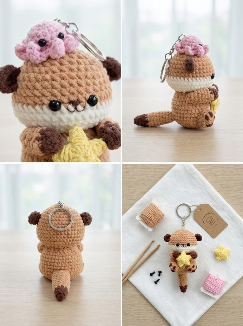 Crochet Otter Plushie with Fish – Handmade Amigurumi Otter Keychain, Cute Sea Animal Gift, Otter Couple Toy Charm, Crochet Keychain, Gift